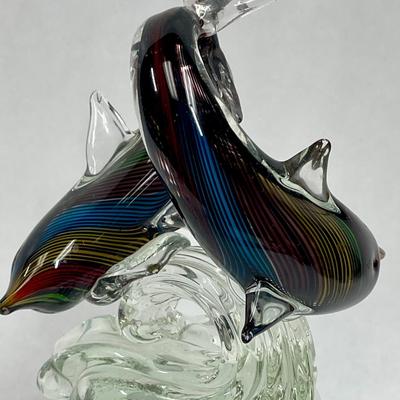Vinci Vintage Hand Fused Glass Statue / Figurine - Frolicking Dolphins