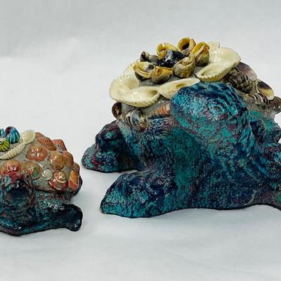 Heavy Resin or Concrete Turtle Figurines (Parent & Child) with Encrusted with Seashell Design