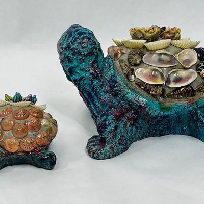 Heavy Resin or Concrete Turtle Figurines (Parent & Child) with Encrusted with Seashell Design