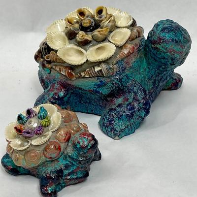 Heavy Resin or Concrete Turtle Figurines (Parent & Child) with Encrusted with Seashell Design