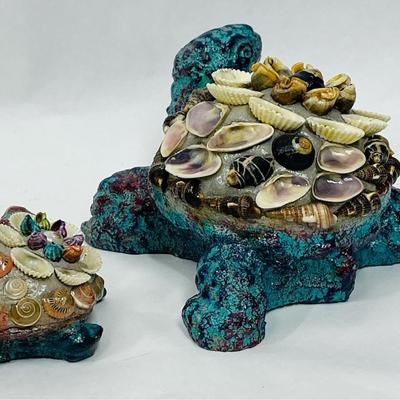 Heavy Resin or Concrete Turtle Figurines (Parent & Child) with Encrusted with Seashell Design