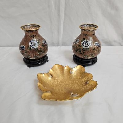 Pair of Cloissone Vases + Leaf Bowl (DR-JS)