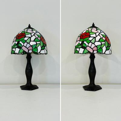 Single (1) ~ 14” Tiffany Style Metal Base Table Lamp ~ Stained Glass Shade