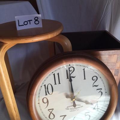 LOT 8 - Clock, Wooden Container and Wooden Stool/Table