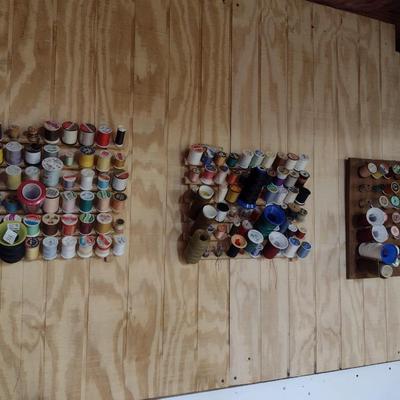 Set of Three Wood Sewing Thread Wall Spindle Racks