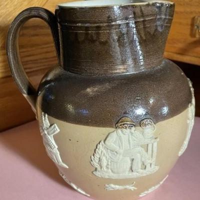 Edwardian Royal Doulton Stoneware Jug/Pitcher Molded Farming Scene, Ca 1905 in VG Preowned Condition 5.75" Tall.