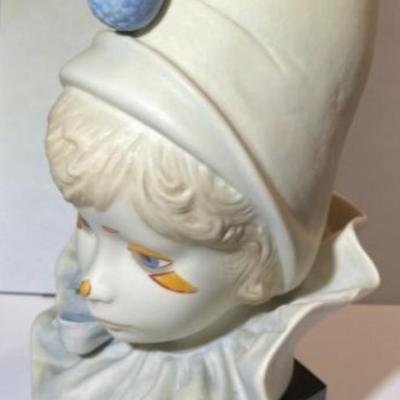 Vintage Mid-Century Cybis "Young Girl Clown Bust" on a Wooden Base - 9.5" Tall in VG Preowned Condition.