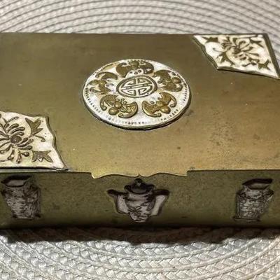 Vintage/Antique CHINESE Solid Brass Hinged Trinket Box Wooden Lined Interior 3.25" x 4.75" x 1-3/8" in Good Preowned...