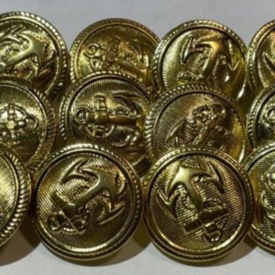 12 Naval Anchor Crest Metal Buttons for Blazers, Suits, Sport Coat, Uniform, Jackets, Etc 7/8" Diameter in New Never Used Condition.