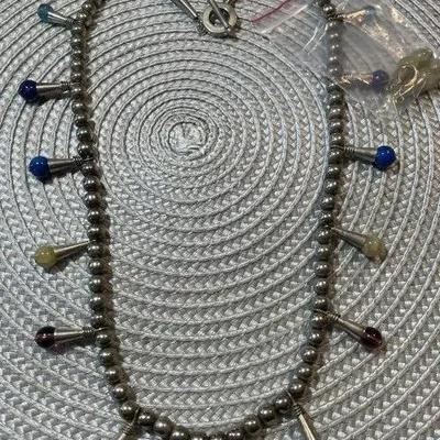 Native American 22" Beaded Silver-toned Necklace & Earrings w/Dangling Mixed Stone Amulets as Pictured.