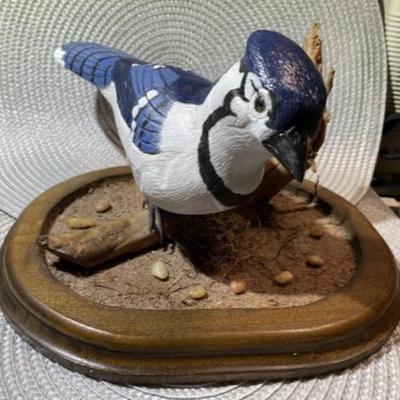 Hand Carved & Hand Painted Signed by Artist BLUEJAY Wooden Bird on Driftwood with Custom Made Base Bird & Base are 9.5" Long...