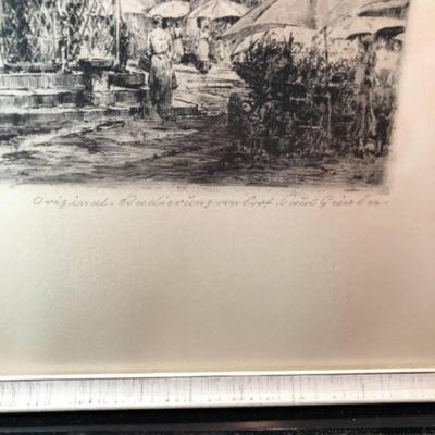 Paul Geissler Original Etching Print, Frame Size 12.75" x 16" Original Radierung Hand Pencil Signed Preowned from an Estate.