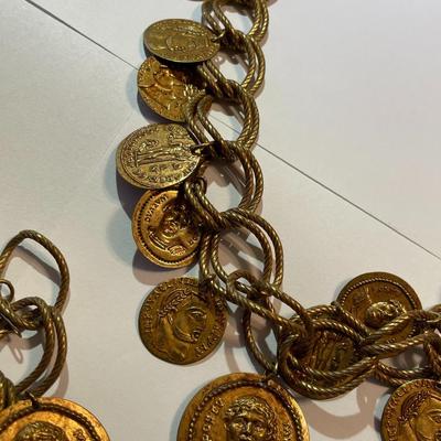 Vintage Mid-Century Brass Ancient Coin Style Necklace 19" & Charm Bracelet 7.5" in Good Preowned Condition.