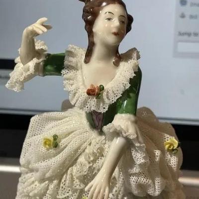 Vintage Made in Germany Porcelain Dresden Lace Woman Dress Figurine 6" Tall in VG Preowned Condition.