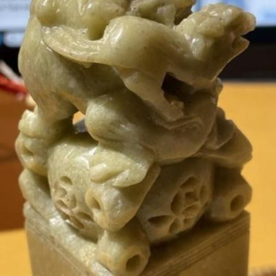 Vintage Heavy Chinese Carved Soapstone Artwork Ink Stamp Larger Size as Pictured.