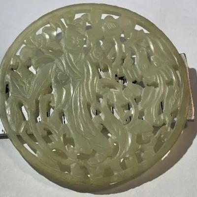 Vintage Chinese Handcrafted Jade/Jadeite Carved Pendant 3" Diameter Preowned from an Estate in VG Preowned Condition.