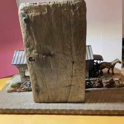 Vintage Amish Wood & Resin Hand Made Horse Buggy/Covered Bridge Scene 10.50" x 15.50" w/Repurposed Wood as Pic'd.