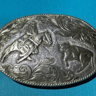 Vintage CRUMRINE San Carlos 22K Gold on Solid Sterling Silver Santa Ana Cal. Belt Buckle 2.5" x 3.5" in Good Preowned Condition.