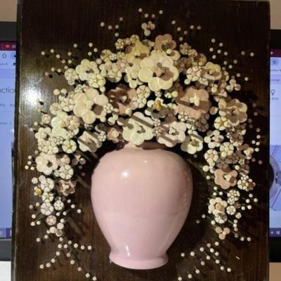 Vintage Nail Flower Art (Pol-O-Craft) Flowers Arranged in a Vase in a 3-D Format as Pictured. Frame Size 9" x 10.