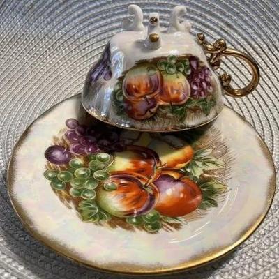 Vintage Royal Sealy China Japan “FRUIT” Three Footed Iridescent Lusterware Teacup and Saucer Set as Pic'd.