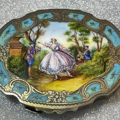 Antique Hand Painted & Guilloche Enamel .800/900/925 Silver "Girl Dancing" Powder Case in VG Preowned Condition.