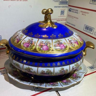 A Scarce Josef Kuba beautiful Cobalt Blue & Gold Love Story/Fragonard lidded Oval Tureen and Underplate made in Bavaria, Germany.