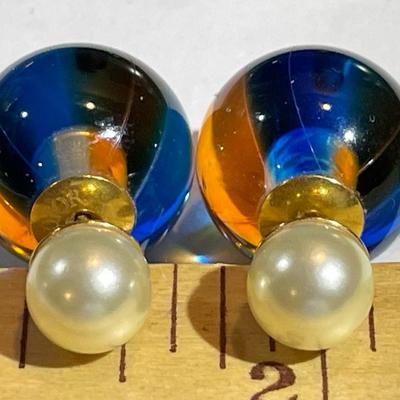 Genuine Pair of Christian Dior "DIOR TRIBALES" Gold Finished Metal & Light Blue Transparent Resin Pearl Earrings in VG...