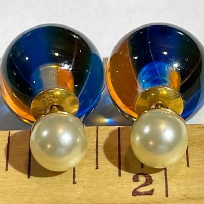 Genuine Pair of Christian Dior "DIOR TRIBALES" Gold Finished Metal & Light Blue Transparent Resin Pearl Earrings in VG...