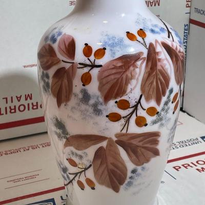 Vintage Hand-Blown Peachblow Style Milk Glass Hand Decorated Vase 8.5" Tall in Good Preowned Condition.