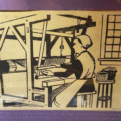 "Weaver" Signed by Constantine Kermes 1960 Woodblock Art Print 11x14" Framed as Pictured.