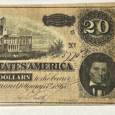 Confederate States of America 1864 $20 Circulated Condition Banknote/Currency as Pictured.