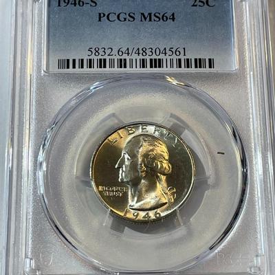 PCGS Certified 1946-S MS-64 Quality Washington Silver Quarter as Pictured.