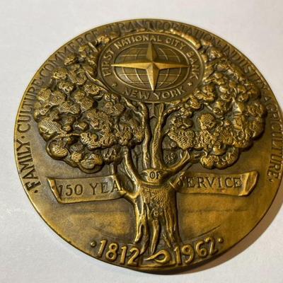 Scarce 1962 First National City Bank New York Bronze Medallion 3" in Diameter in VG Preowned Condition.