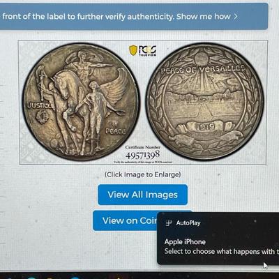 PCGS Certified 1919 AR Medal Johnson-33 Peace of Versailles Silver Medal #58/113 Made Population-1 No Other Silver Medal Graded!