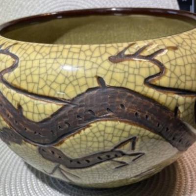Vintage Asian Crackled Stoneware Dragon Planter/Bowl 10.5" Diameter & 6.5" Tall in VG Preowned Condition as Pictured.