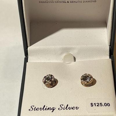 Vintage Pair of Diamond Essence Swarovski & Genuine Diamond Sterling Silver Stud Earrings as Pictured.