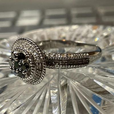 New Never Worn Sterling Silver Blue Stone & Commercial Diamond Chip Ring Size-9 in Very Good Condition.