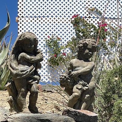 229 PAIR OF CEMENT GARDEN STATUES CHERUBS