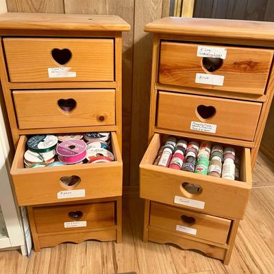 232 PAIR OF KNOTTY PINE CABINETS HEART CUT OUT FILLED WITH CRAFT SUPPLIES