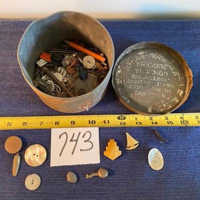 Vintage Coffee Can with Buttons and More
