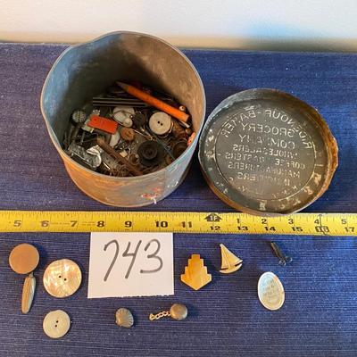 Vintage Coffee Can with Buttons and More
