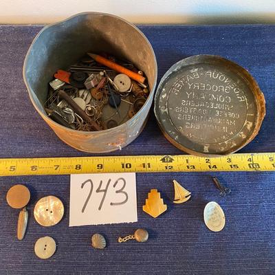Vintage Coffee Can with Buttons and More