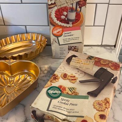 Vintage Copper Baking Pans, Decorating Kit, and Cookie Press