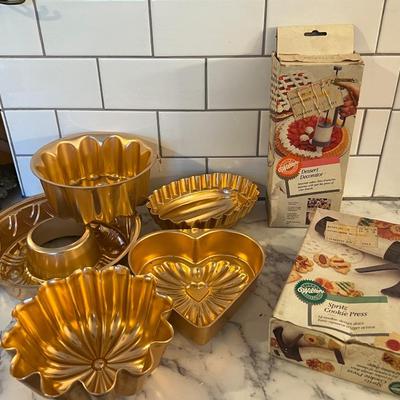 Vintage Copper Baking Pans, Decorating Kit, and Cookie Press