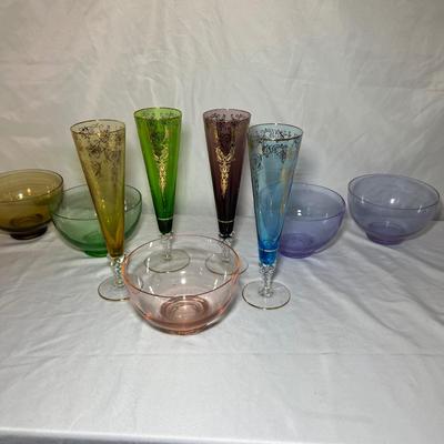Set of Colored Glass w/ Gold Flutes & More (LR-RG)