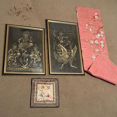 Pair of Framed Rubbings, Silk Panel & Door Curtain (GB2-RG)