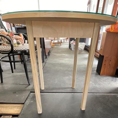Lot# 049 Hand-Crafted Round Wooden Table with Square Base Glass Top