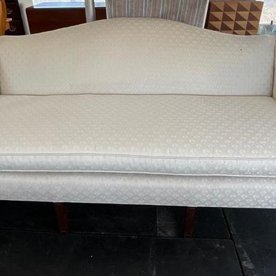 Lot# 033 Beautiful Vintage Upholstered Camelback Mahogany Sofa