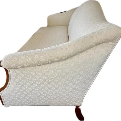 Lot# 033 Beautiful Vintage Upholstered Camelback Mahogany Sofa