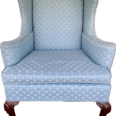 Lot# 029.Vintage Damask Upholstered Wingback Chair with Down Cushion